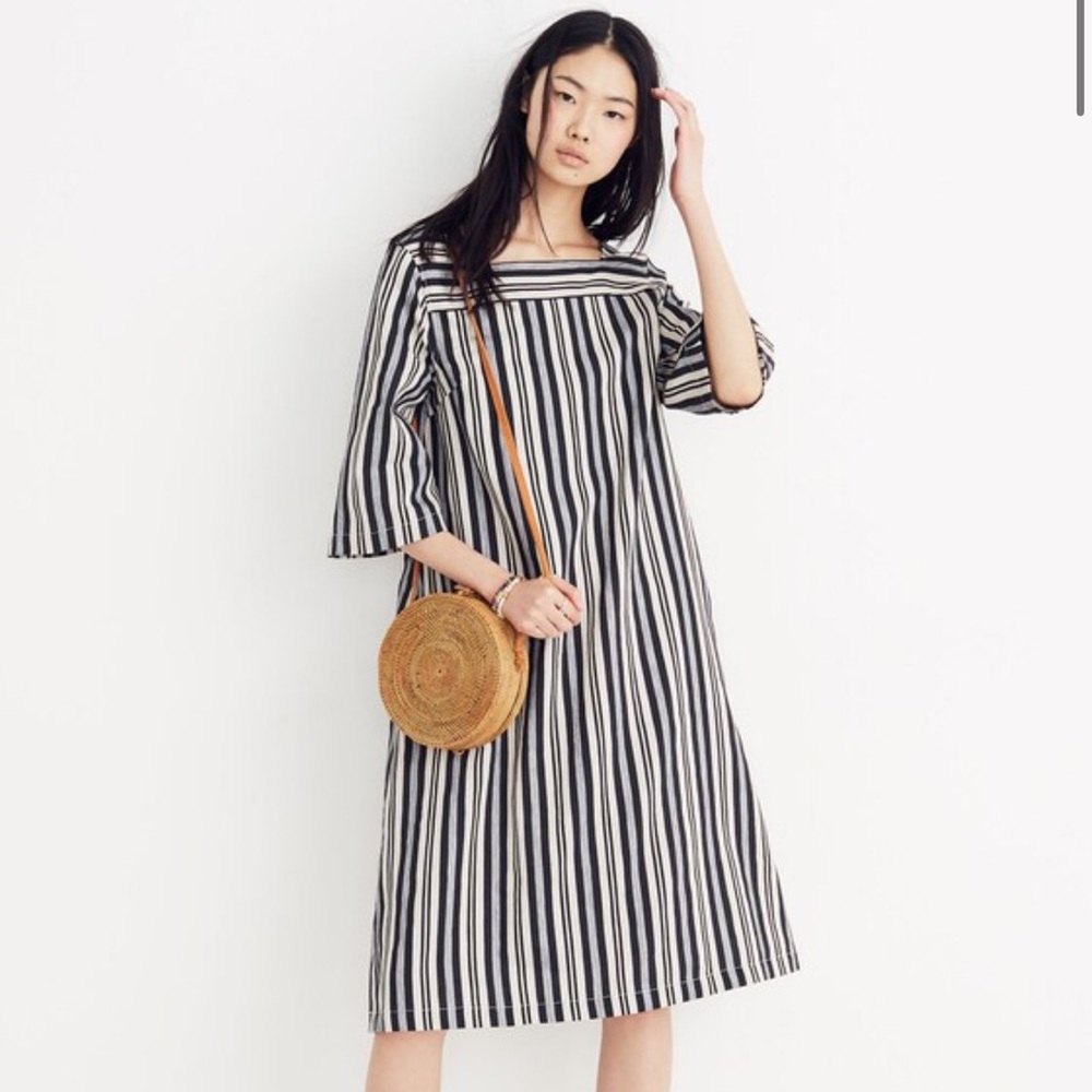 Madewell Square Neck Midi‎ Dress Linen Cotton Blend Evelyn Stripe Dress XS